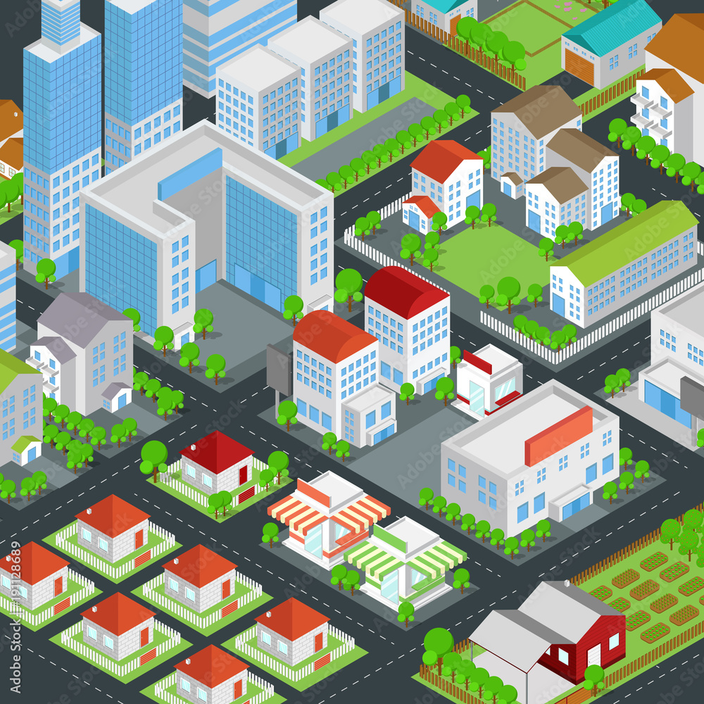 Graphic city building, real estate, house and cityscape architecture and  nature environment in 3D isometric design in cartoon or video game concept,  create by vector Stock Vector | Adobe Stock