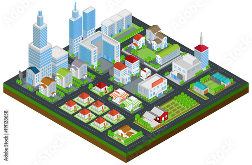 Graphic city building, real estate, house and cityscape architecture and nature environment in 3D isometric design in isolated background, create by vector