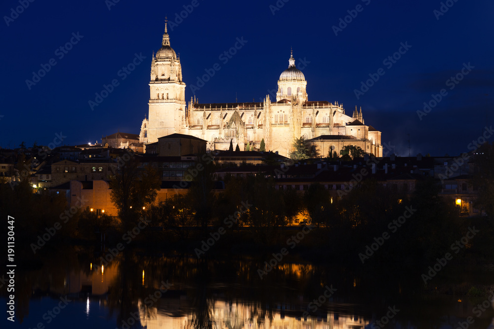 Salamanca Cathedral from  River  in autumn  night