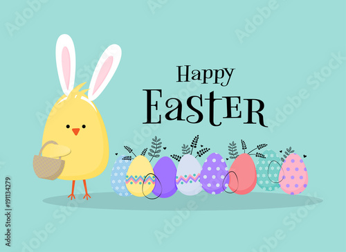 Easter egg hunt poster invitation template vector in pastel color. Cute Chick wearing easter bunny ear .