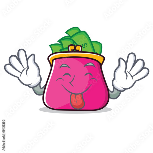 Tongue out purse character cartoon style