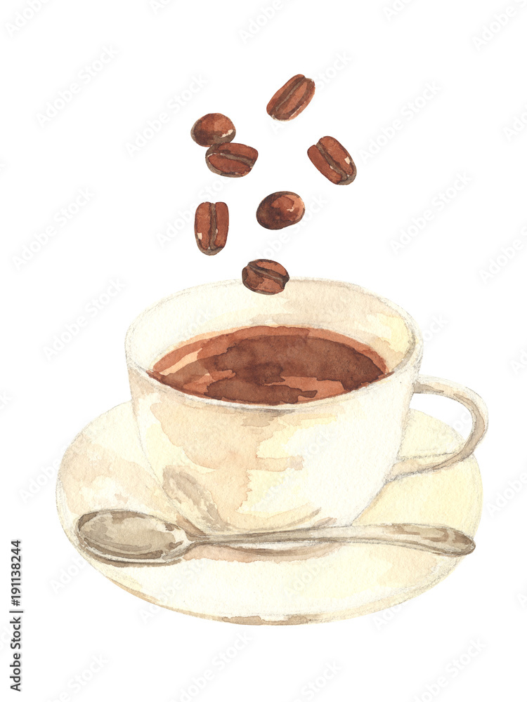 コーヒーとコーヒー豆 水彩 Stock イラスト Adobe Stock