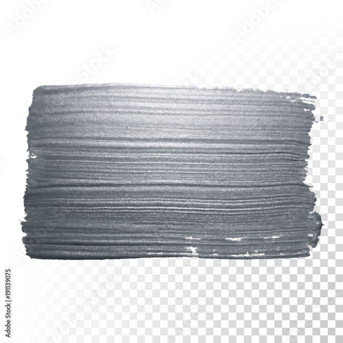Silver glitter paint brush stroke or abstract dab smear in smudge texture on transparent background for luxury greeting card design. Vector isolated glittering sparkling silver paint ink splash stain