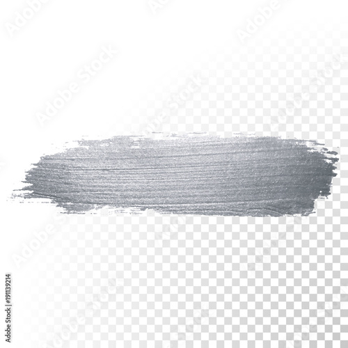 Silver glitter paint brush stroke or abstract dab smear with smudge texture on transparent background. Vector isolated glittering and sparkling silver paint paintbrush splash stain for luxury design