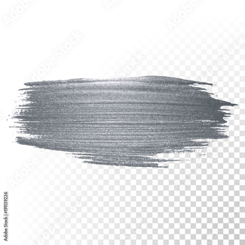Silver paint brush stain or smudge stroke and abstract paintbrush glittering ink dab smear with glitter texture on transparent background. Vector isolated sparkling silver paint ink paintbrush splash
