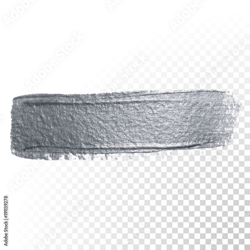 Silver glitter paint brush stroke or abstract dab smear in smudge texture on transparent background for luxury greeting card design. Vector isolated glittering sparkling silver paint ink splash stain
