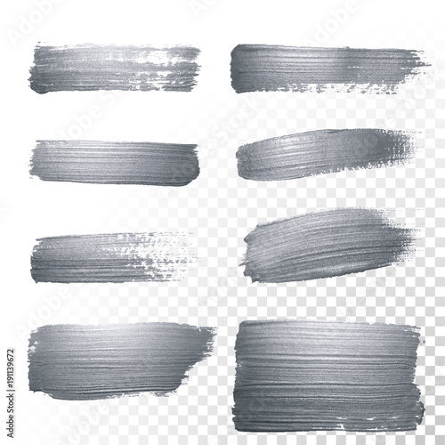 Silver glitter paint brush strokes set or abstract dab smear with smudge texture on transparent background. Vector isolated set of glittering silver paint ink splash for luxury cosmetic design