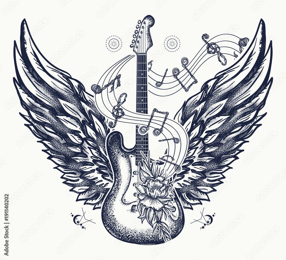 Guitar and wings tattoo. Electric guitar, roses, angel wings and music  notes. Rock and roll t-shirt design. Symbol of rock music, musical  festivals. Electric guitar tattoo art print Stock Vector | Adobe