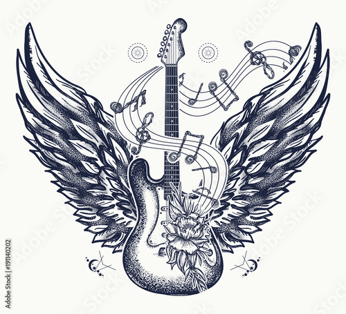 Guitar and wings tattoo. Electric guitar, roses, angel wings and music notes. Rock and roll t-shirt design. Symbol of rock music, musical festivals. Electric guitar tattoo art print