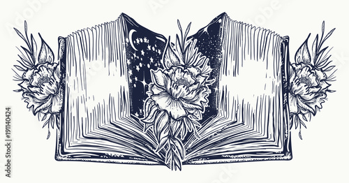 Open book and roses flowers  tattoo and t-shirt design. Symbol of education, literatures, poetry, reading. Open book in universe art tattoo