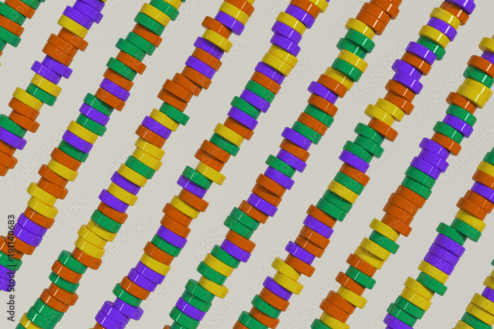 Fototapeta premium Pattern of yellow, violet and green cylinder tablets on white background