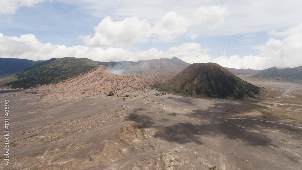Mountain Bromo active volcano crater in East Jawa, Indonesia. Aerial view of volcano crater Mount Gunung Bromo is an active volcano,Tengger Semeru National Park.