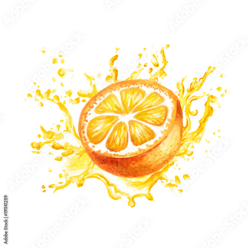 Dynamic splash of orange juice isolated on a white background. Watercolor hand drawn illustration