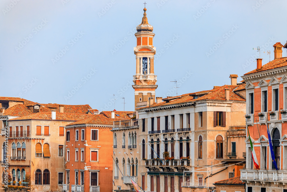 Facades of a typical old buildings along Grand Canal of Venice Italy