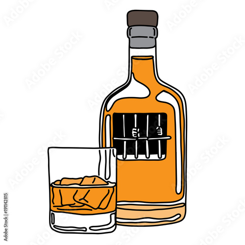metaphor alcoholic person in the jail of liquor bottle with glass vector illustration sketch hand drawn with black lines, isolated on white background. Education Medical concept.