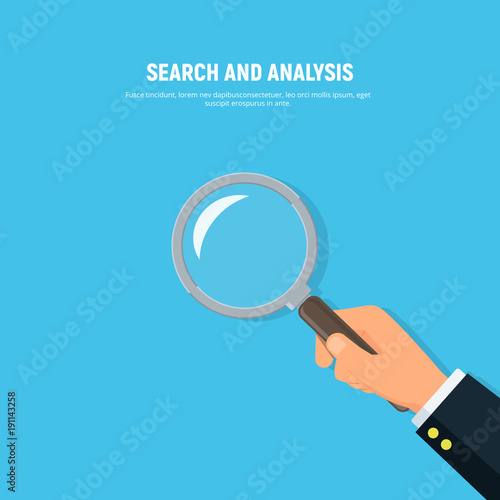 Close-up of person hands with magnifier glass. Concept of search and analysis information. Vector illustration in flat style