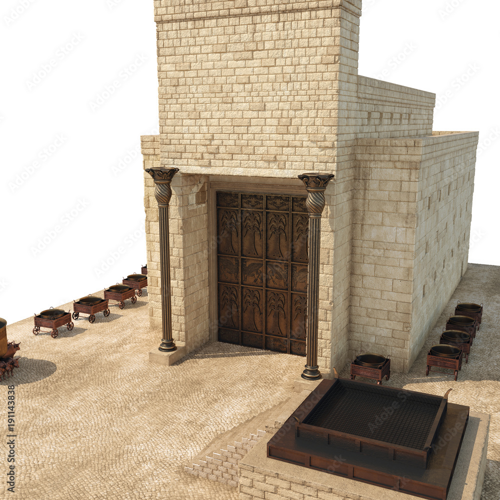 King Solomon's temple with bronze pillars named Boaz and Jachin on
