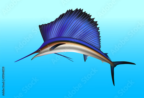 Sailfish jumping out of water. Realistic vector illustration.