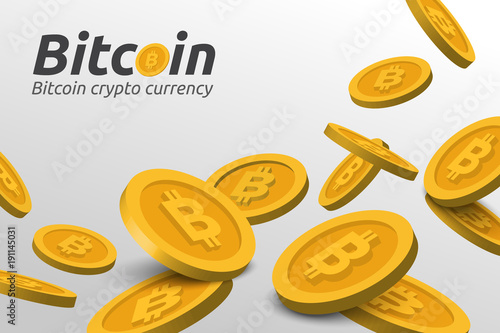 Falling golden Bitcoin sign on white background. Blockchain technology for cryptocurrency