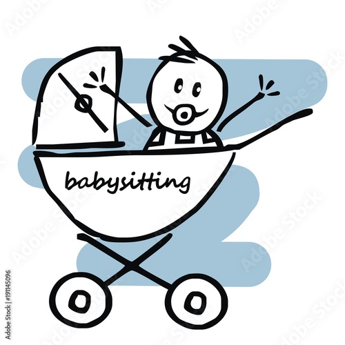 babysitting, baby boy in the pram, funny illustration, doodle, vector icon