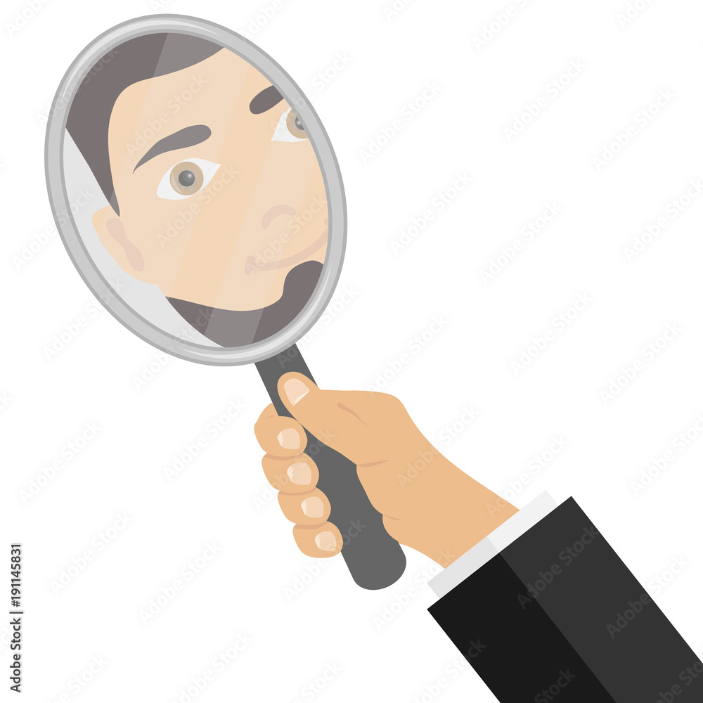 A man looks in the mirror. Reflection of the man in the mirror. A man looks in the mirror. Reflection of the man in the mirror.
