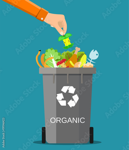 man hand throws garbage into a organic container photo