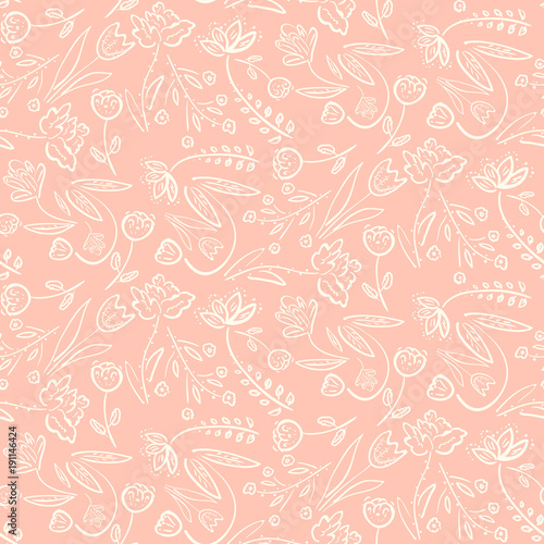 Tender seamless pattern with pink spring linear hand drawn floral motif. Romantic white meadow flowers on peach background texture for textile  wrapping paper  cover  surface  wallpaper
