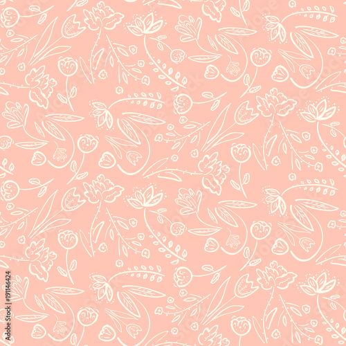 Tender seamless pattern with pink spring linear hand drawn floral motif. Romantic white meadow flowers on peach background texture for textile, wrapping paper, cover, surface, wallpaper