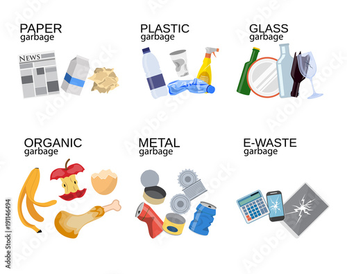 Garbage sorting food waste, glass, metal