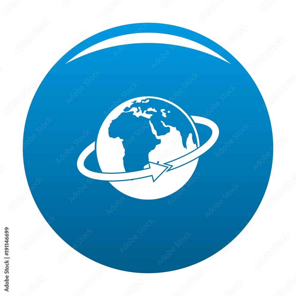 Flight around earth icon vector blue circle isolated on white background Flight around earth icon vector blue circle isolated on white background