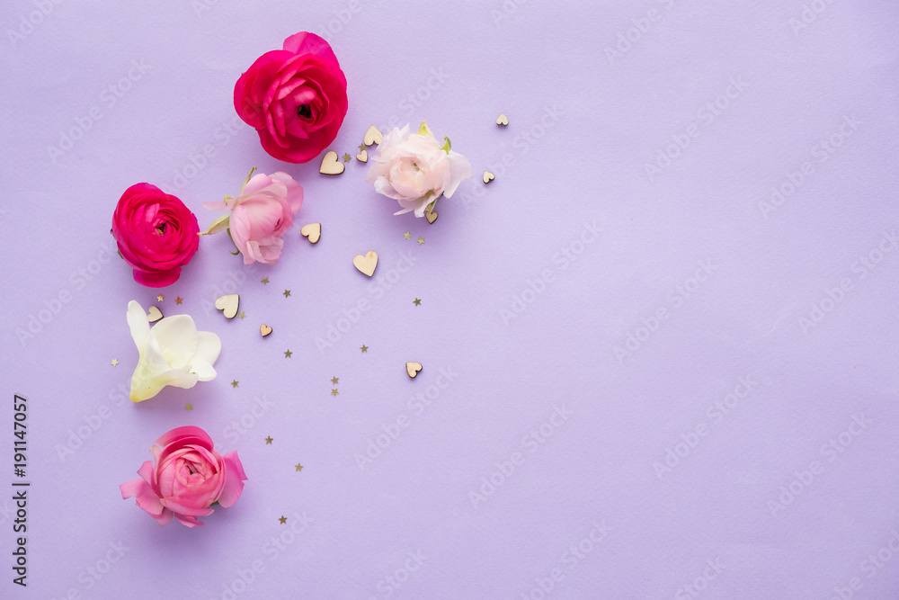 Beautiful pink peony flowers on purple background table with copy space for your text top view and flat lay style.