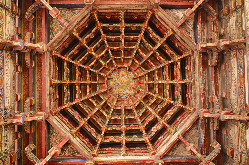 Interior view of the caisson of Chinese style temple, in Taiwan. 