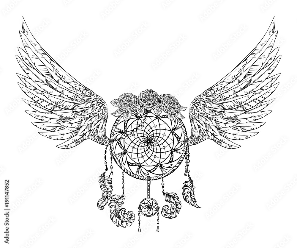 Dreamcatcher with ornament, roses and wings. Tattoo art. Vintage vector  illustration Stock Vector | Adobe Stock