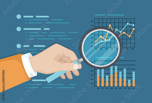 Magnifying glass above finance graphs, paper document, business report. Analysis chart. Hand with magnifier. Vector background