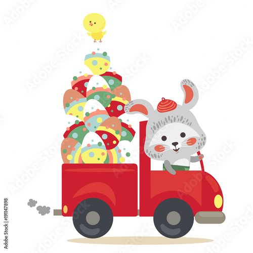 Easter bunny drive car with truck full of decorated eggs  hunter cute white rabbit auto driver   happy holiday vector greeting card  spring hare hunting egg isolated illustration