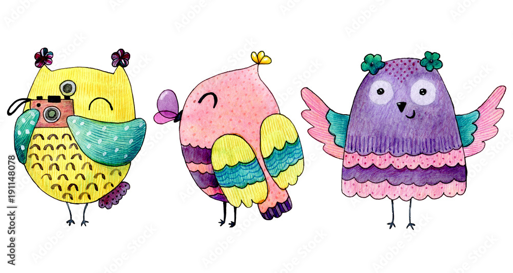 Obraz premium Watercolor funny illustration with owls. Hand drawn bird drawing.