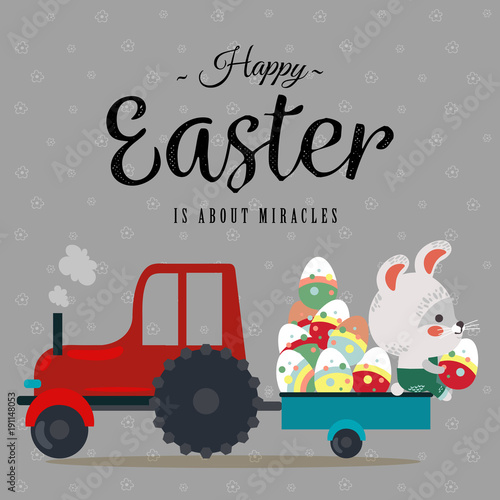 Easter bunny sit on tractor with a cart full of decorated eggs, cute white rabbit on hunting on the car, happy holiday vector greeting card, spring hare isolated illustration