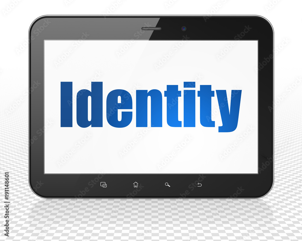 Safety concept: Tablet Pc Computer with blue text Identity on display, 3D rendering Safety concept: Tablet Pc Computer with blue text Identity on display, 3D rendering