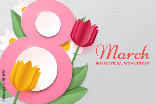 8 March. Women's day vector greeting card with decor of paper cut tulips, chamomiles and leafs. Number 8 in the style of cut paper. Applicable for web banner, flyer, cards and invitation.