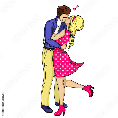 Feeling of love. The guy with the girl passionately kisses. Object on a white background vector of pop art. Comic style