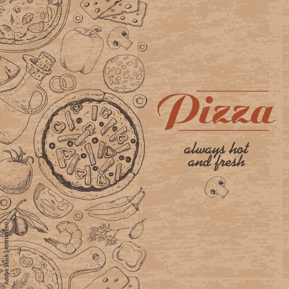 Vertical background with pizza and various products
