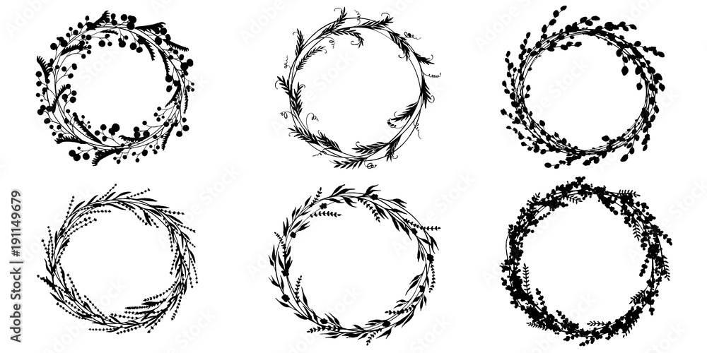 Fototapeta premium Wreath hand drawn vector set. Wedding floral wreaths. Elements for invitations, posters, greeting cards and logos