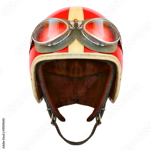 Retro helmet with goggles on a white background. Protective headwear for motorcycle and automobile race.