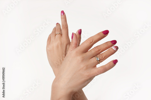 gestures with female hands. female hands manicure on white background. beautiful female hands