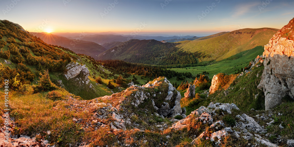 Plakat Beautiful autumn morning above green forest valley in national park Fatra, Slovakia landscape