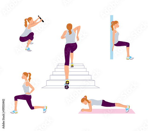 Woman doing exercising workout. Plank, running upstairs, squat, lunges vector illustration.