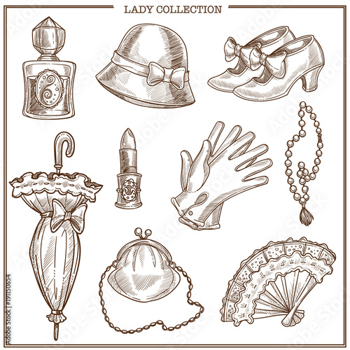 Lady retro clothes and woman vintage fashion accessories vector sketch icons