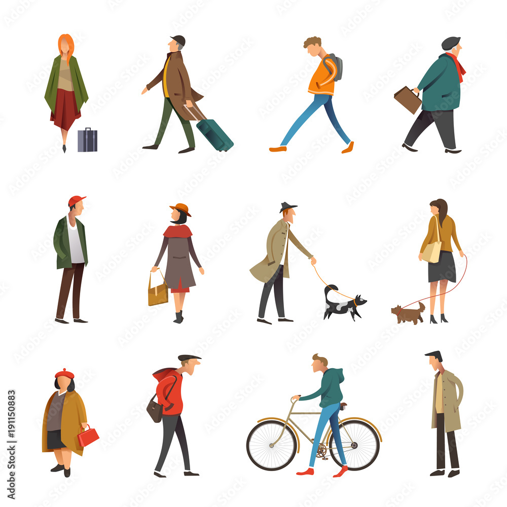 People daily outdoor life in casual clothes vector flat character icons