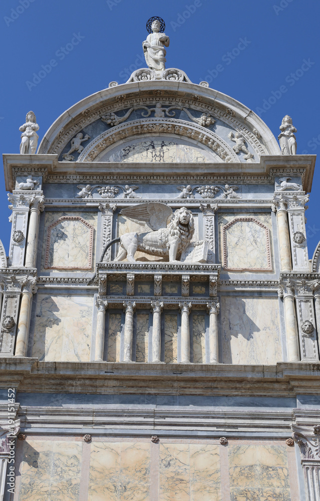 winged lion of the ancient building in Venice called Scuola Grande di San Marco in the Italian language