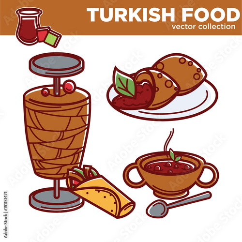 Turkish food cuisine dishes vector flat icons for traditional Turkey restaurant menu